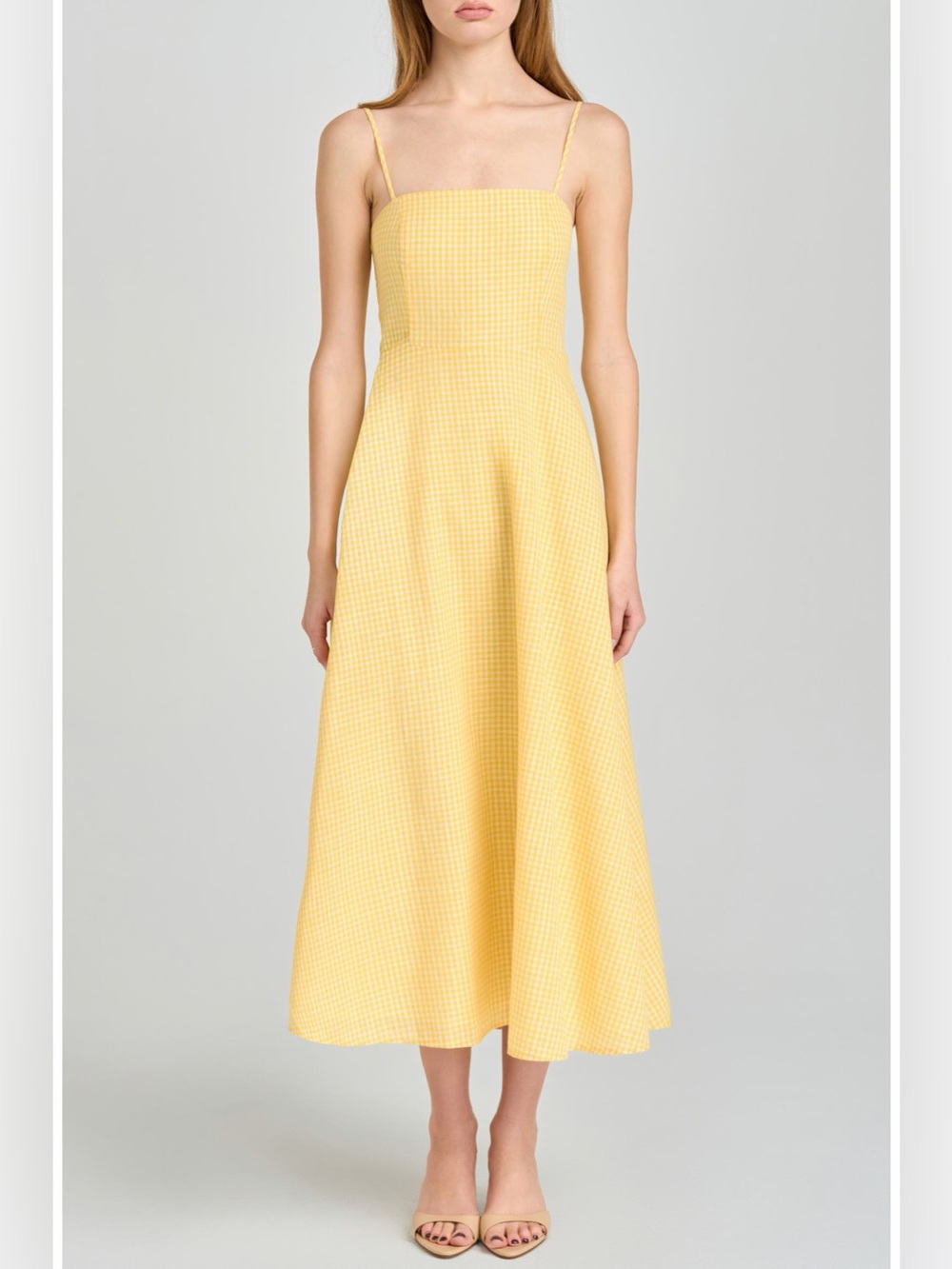 WAYF Josefina Gingham Fit & Flare Midi Dress Yellow Size M NWOT